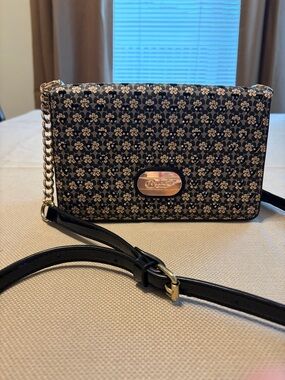 Black Floral Jacquard Crossbody with Gold Accent